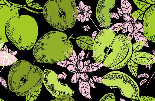 Elegant seamless pattern with apple fruits, design elements. Fruit  pattern for invitations, cards, print, gift wrap, manufacturing, textile, fabric, wallpapers. Food, kitchen, vegetarian theme - Vetor, Imagem