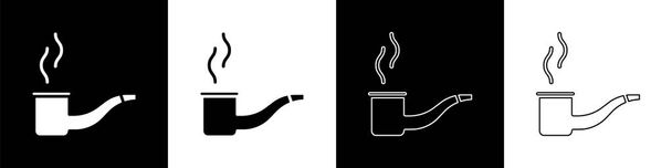 Sigara piposunu siyah beyaz arkaplanda izole edilmiş duman simgesi ile ayarla. Tütün piposu. Vektör İllüstrasyonu - Vektör, Görsel