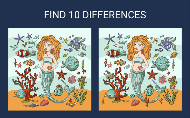 Find 10 differences. Mermaid sea game. - Vektör, Görsel