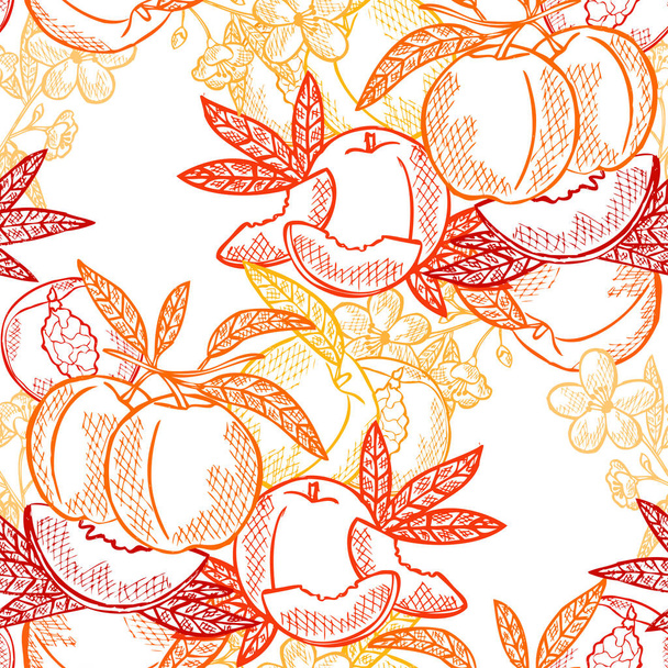 Elegant seamless pattern with peach fruits, design elements. Fruit  pattern for invitations, cards, print, gift wrap, manufacturing, textile, fabric, wallpapers. Food, kitchen, vegetarian theme - Vetor, Imagem