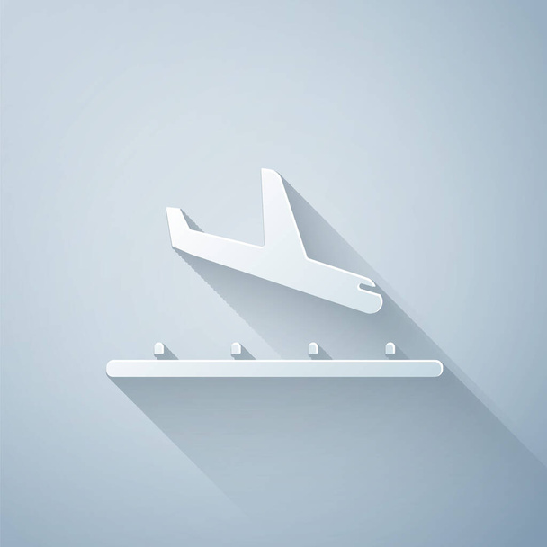 Carta tagliata icona di atterraggio aereo isolato su sfondo grigio. Simbolo del trasporto aereo. Stile cartaceo. Illustrazione vettoriale
 - Vettoriali, immagini