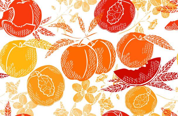 Elegant seamless pattern with peach fruits, design elements. Fruit  pattern for invitations, cards, print, gift wrap, manufacturing, textile, fabric, wallpapers. Food, kitchen, vegetarian theme - Вектор, зображення