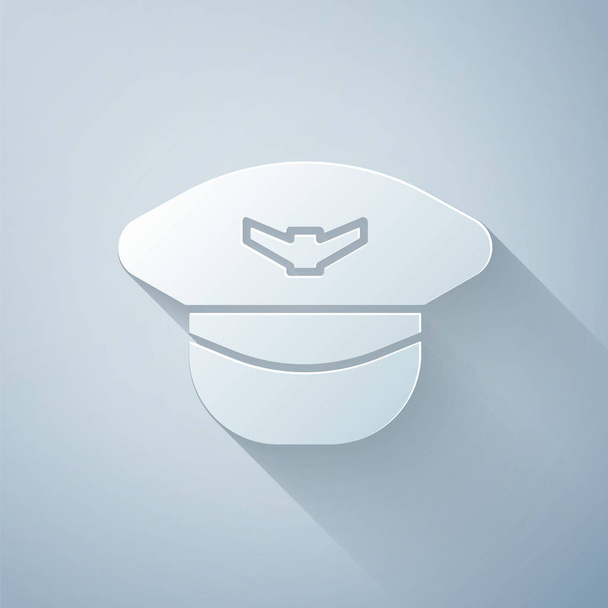 Papírvágás Pilot kalap ikon elszigetelt szürke háttér. Papírművészeti stílus. Vektorillusztráció - Vektor, kép