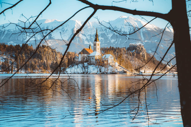 Beautiful view of famous Bled Island (Blejski otok) at scenic Lake Bled with Bled Castle (Blejski grad) and Julian Alps in the background in golden morning light at sunrise in winter, Slovenia. - Photo, Image
