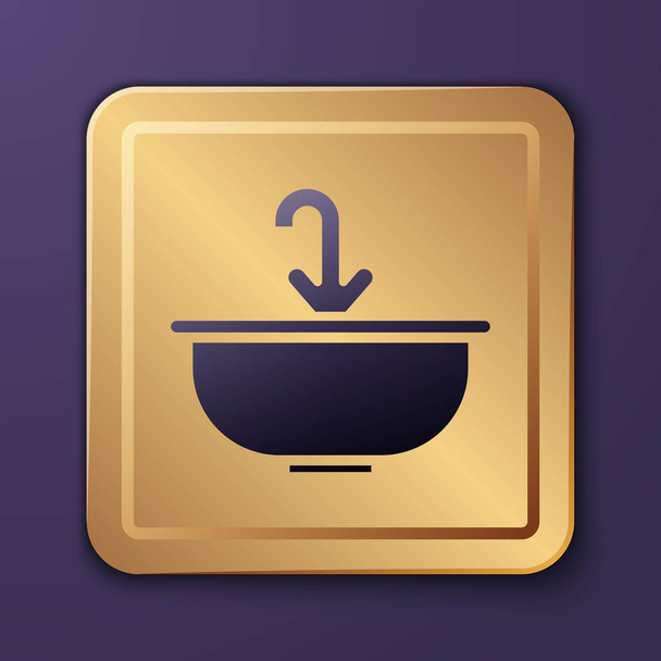 Lavabo púrpura con icono de grifo de agua aislado sobre fondo púrpura. Botón cuadrado dorado. Ilustración vectorial
 - Vector, imagen