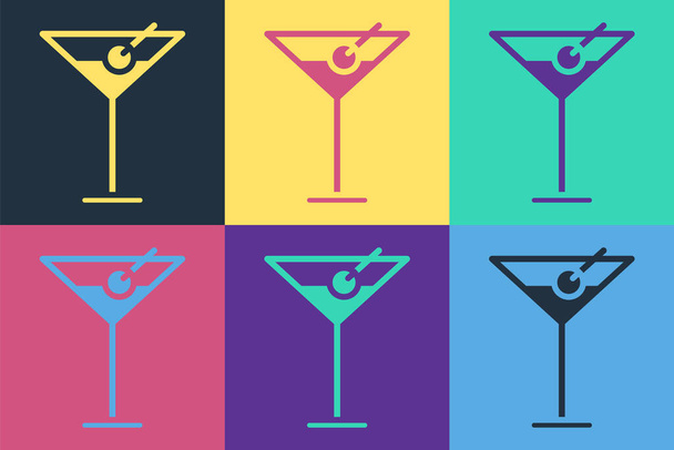 Pop art Martini szklana ikona izolowane na tle koloru. Ikona koktajlu. Ikona kieliszka wina. Ilustracja wektora - Wektor, obraz