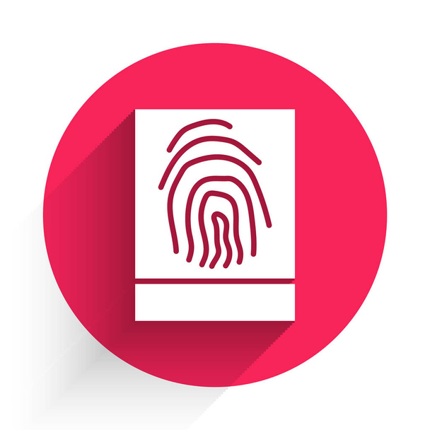長い影で隔離された白い指紋アイコン。アプリのアイコン。身分証明書。タッチID 。赤い丸ボタン。ベクターイラスト - ベクター画像