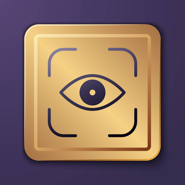Lila szem szkennelés ikon izolált lila alapon. Szkennelés. Biztonsági ellenőrzés szimbólum. Kiberszem jel. Arany négyzet gomb. Vektorillusztráció - Vektor, kép