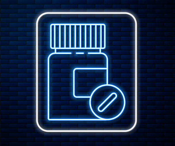 Ragyogó neon vonal Gyógyszer palack és tabletták ikon elszigetelt téglafal háttér. Üvegpirula jel. Gyógyszerészeti tervezés. Vektorillusztráció - Vektor, kép
