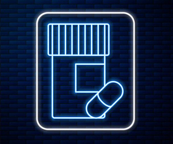Светящаяся неоновая линия Бутылка лекарств и значок таблеток изолированы на фоне кирпичной стены. Вывеска с таблетками. Аптечный дизайн. Векторная миграция - Вектор,изображение