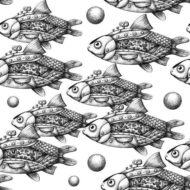 graphic set of patterns with fish in the style of steam punk - Fotó, kép