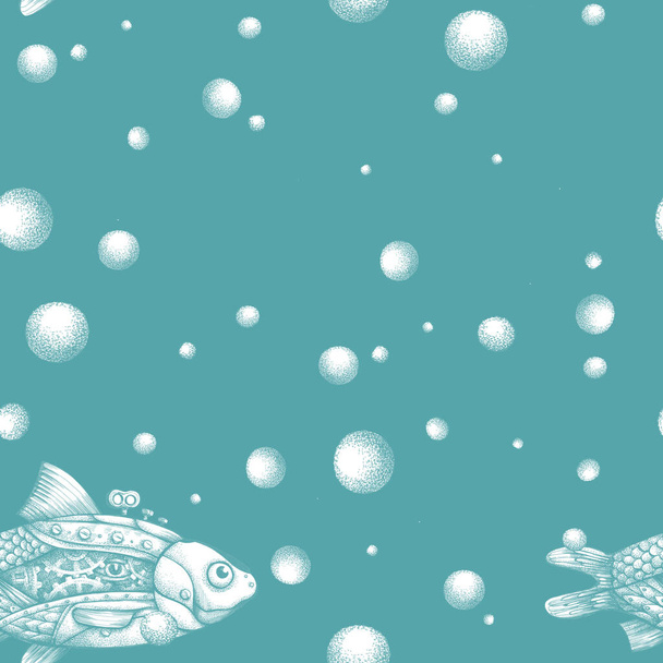 graphic set of patterns with fish in the style of steam punk - Valokuva, kuva
