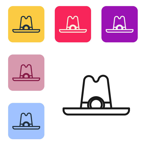 Schwarze Linie Western Cowboy Hut Symbol isoliert auf weißem Hintergrund. Setzen Sie Symbole in farbigen quadratischen Tasten. Vektorillustration - Vektor, Bild