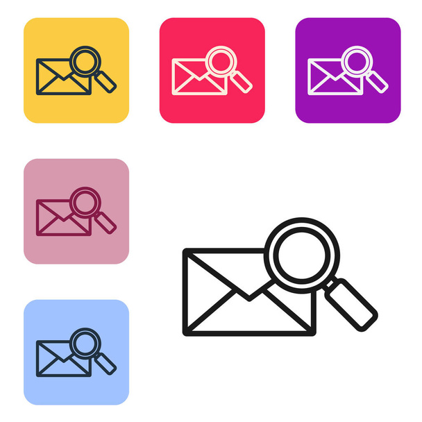 Black line Envelope mail with magnifying glass icon isolated on white background. Set icons in color square buttons. Vector Illustration - ベクター画像