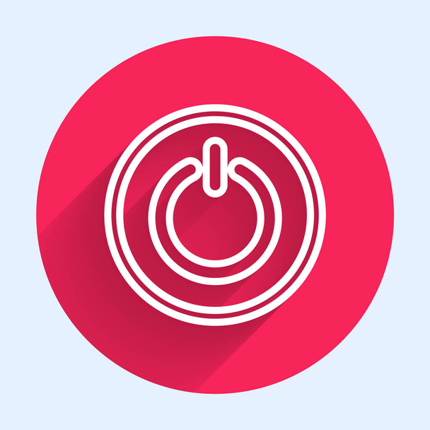 Weiße Linie Power-Taste Symbol isoliert mit langem Schatten. Startschild. Roter Kreis Knopf. Vektorillustration - Vektor, Bild