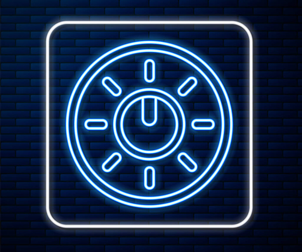 Linha de néon brilhante Dial botão nível tecnologia configurações ícone isolado no fundo da parede de tijolo. Botão de volume, controle de som, regulador analógico. Ilustração vetorial
 - Vetor, Imagem