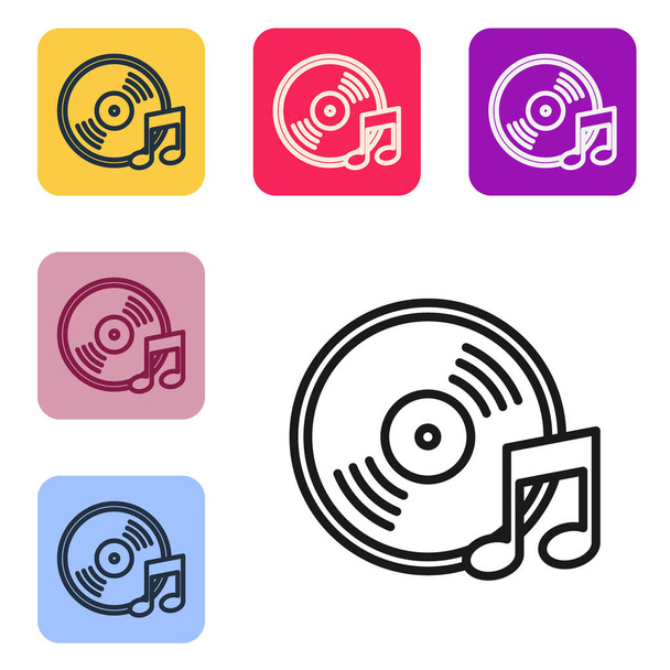 Icona disco in vinile linea nera isolata su sfondo bianco. Imposta le icone nei pulsanti quadrati a colori. Illustrazione vettoriale - Vettoriali, immagini