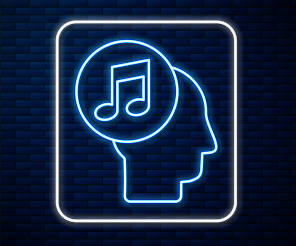 Glowing neon line Musical note in human head icon isolated on brick wall background.  Vector Illustration - Vektor, Bild