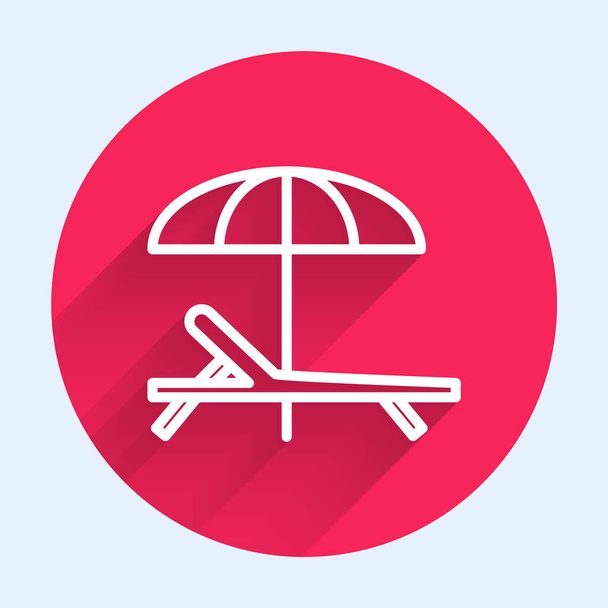 White line Sunbed icon isolated with long shadow. Beach umbrella and Sun lounger. Red circle button. Vector Illustration - Vector, Image