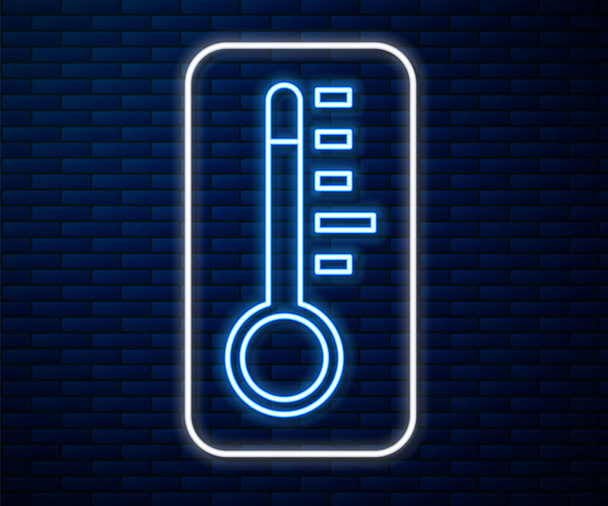 Glowing neon line Meteorology thermometer measuring icon isolated on brick wall background. Thermometer equipment showing hot or cold weather.  Vector Illustration - Vector, Image
