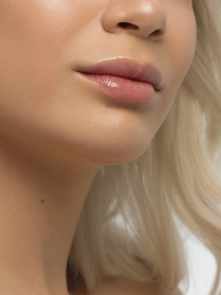 Closeup plump Lips. Lip Care, Augmentation, Fillers. Macro photo with Face detail. Natural shape with perfect contour. Close-up perfect natural lip makeup beautiful female mouth. Plump sexy full lips - Photo, Image