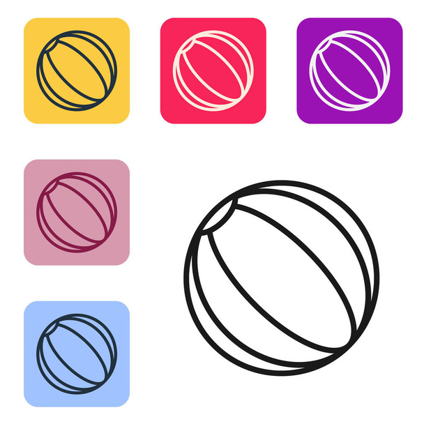 Schwarze Linie Beach Ball Symbol isoliert auf weißem Hintergrund. Setzen Sie Symbole in farbigen quadratischen Tasten. Vektorillustration - Vektor, Bild