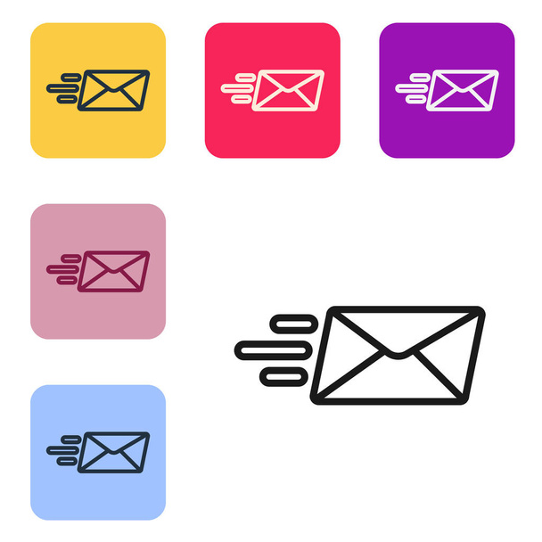 Ikona obálky Black Line Express izolovaná na bílém pozadí. Symbol dopisu e-mailem. Nastavit ikony v barevných čtvercových tlačítcích. Vektorová ilustrace - Vektor, obrázek