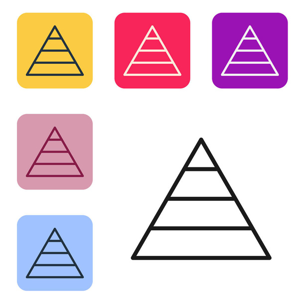 Schwarze Linie Geschäftspyramidendiagramm Infografik-Symbol isoliert auf weißem Hintergrund. Pyramidenstufen zeichnen Elemente auf. Setzen Sie Symbole in farbigen quadratischen Tasten. Vektorillustration - Vektor, Bild