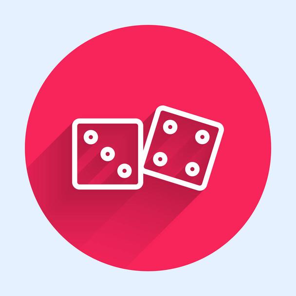Bílá čára Ikona kostky hry izolované s dlouhým stínem. Hazard v kasinu. Červený kruh. Vektorová ilustrace - Vektor, obrázek