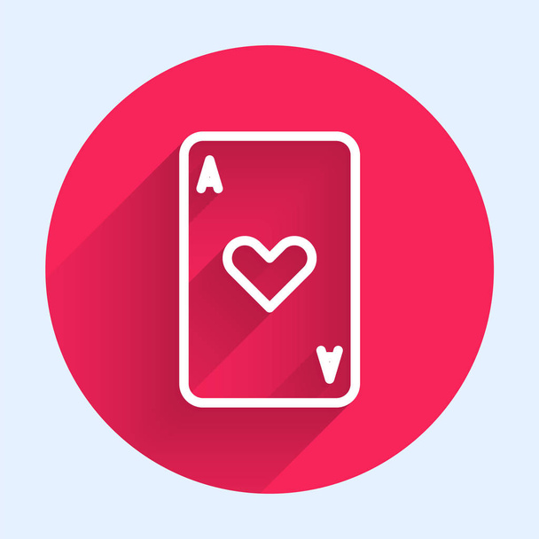 Bílá čára Hrací karta s ikonou symbolu srdce izolovaná s dlouhým stínem. Hazard v kasinu. Červený kruh. Vektorová ilustrace - Vektor, obrázek