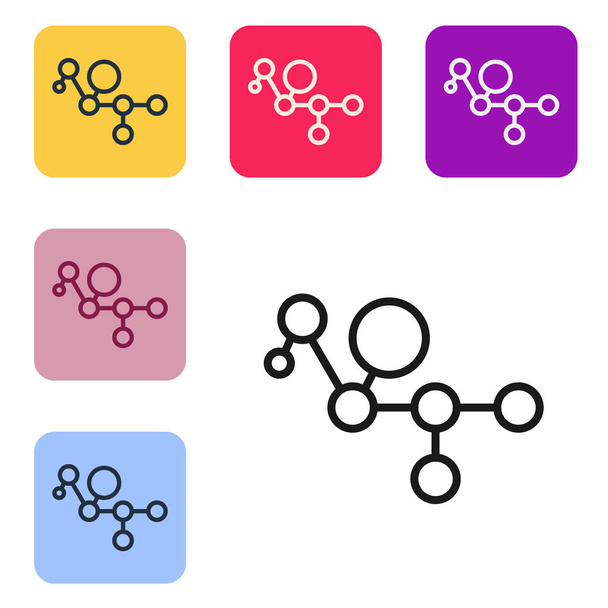 Černá čára Ikona molekuly konopí izolované na bílém pozadí. Molekulární struktury kanabidiolu, vzorec Thc a Cbd. Marihuana nebo konopí. Nastavit ikony v barevných čtvercových tlačítcích. Vektorová ilustrace - Vektor, obrázek