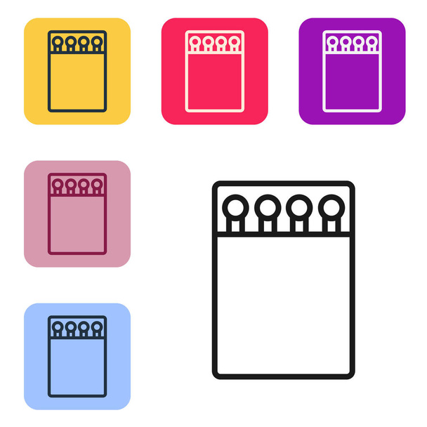Linha preta Abrir caixa de fósforos e corresponde ícone isolado no fundo branco. Definir ícones em botões quadrados de cor. Ilustração vetorial
 - Vetor, Imagem