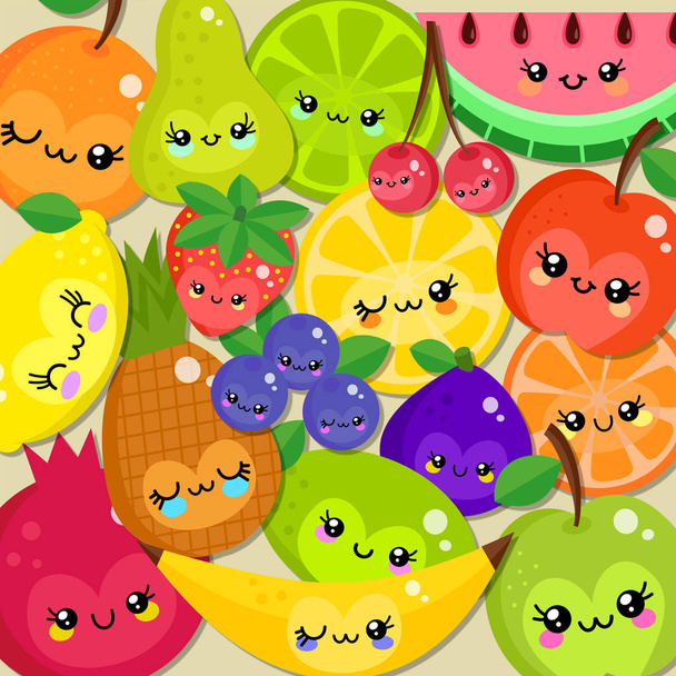 Skupina barevných kreslených kousků ovoce se šťastným kawaii stylu tváře - Fotografie, Obrázek