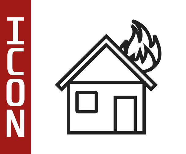 Black line Fire in burning house icon isolated on white background. Vector Illustration - Vector, Image