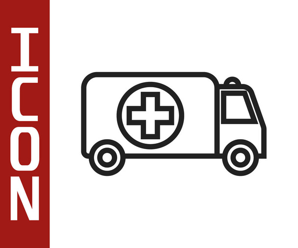 Black line Ambulance and emergency car icon isolated on white background. Ambulance vehicle medical evacuation. Vector Illustration - Vector, Image