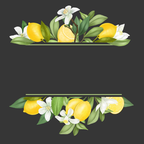 Frame of hand drawn blooming lemon tree branches, flowers, lemons on dark background - Photo, Image