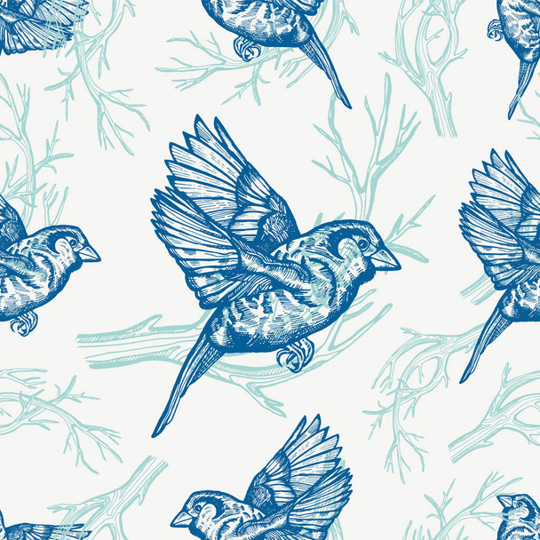 Vintage simple summer birds background. fashion seamless pattern, floral ornament, retro style fabric for decoration and design. - Vettoriali, immagini