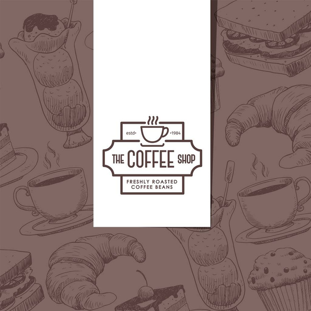 Cafe menu cover, coffee house emblem, bakery shop packaging paper, vector illustration - Vector, afbeelding