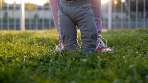 Äiti opettaa vauvaa kävelemään. Poika kävelee paljain jaloin nurmikolla kesällä puistossa ja pitää äitiä kädestä.
. - Materiaali, video