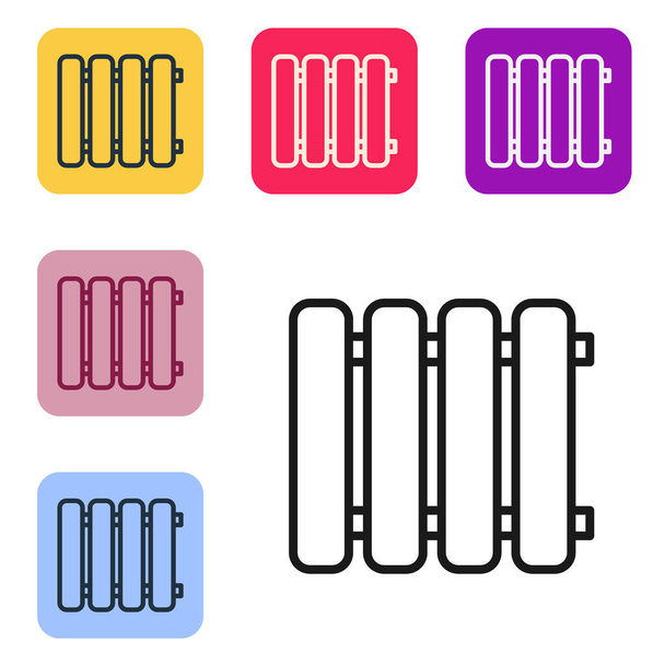 Zwarte lijn Verwarming radiator pictogram geïsoleerd op witte achtergrond. Stel pictogrammen in kleur vierkante knoppen. Vector Illustratie - Vector, afbeelding