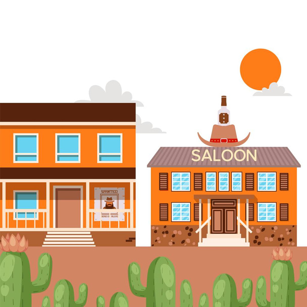 Saloon in western American town, flat style cartoon house, vector illustration - Vector, Image