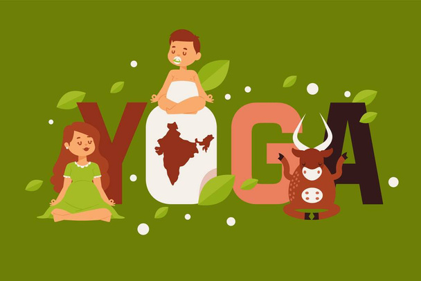 Yoga para todos, póster de tipografía con personas y vacas, meditación de mujeres y bebés, ilustración vectorial
 - Vector, Imagen