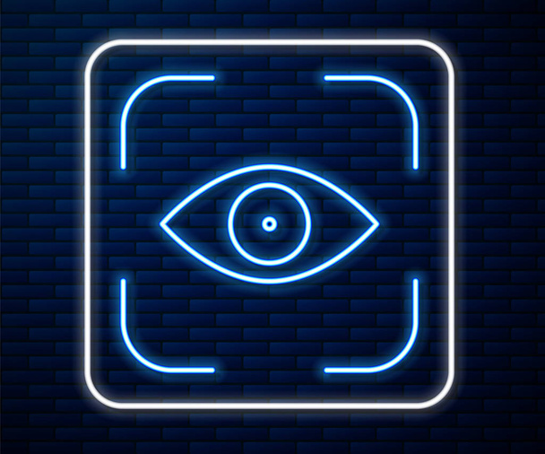 Сяюча неонова лінія піктограма сканування очей ізольована на фоні цегляної стіни. Сканування очей. Перевірка безпеки символ. Кіберсвідомість. Векторна ілюстрація
 - Вектор, зображення