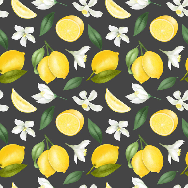 Patrón sin costuras con limones dibujados a mano y flores de limón sobre un fondo oscuro
 - Foto, Imagen