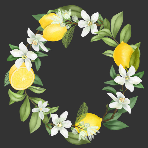 Wreath of hand drawn blooming lemon tree branches, lemon flowers and lemons, isolated illustration on a dark background - Photo, Image