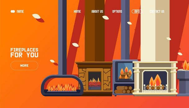 Fireplace shop website, modern home decoration store, luxury interior design, vector illustration - Vector, afbeelding