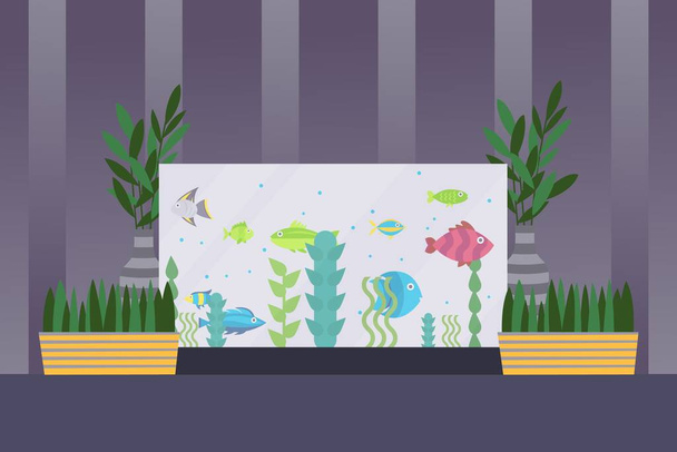 Аквариум в интерьере комнаты, плавание рыбы в воде, простая векторная иллюстрация в плоском стиле
 - Вектор,изображение
