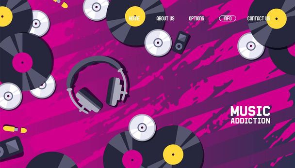 Music website design, vinyl record discs and headphones on abstract background, vector illustration - Vektör, Görsel