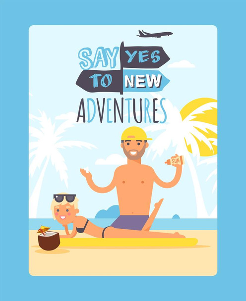Летние каникулы типографический плакат, вдохновляющая фраза, люди отдыхают на пляже, векторная иллюстрация
 - Вектор,изображение