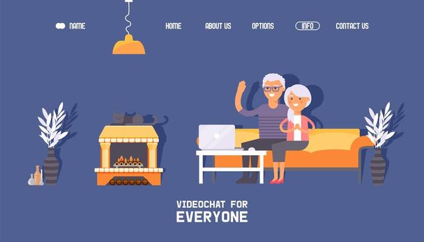 Senior people using laptop, happy elderly couple video chat call, flat style cartoon characters, vector illustration - Vektör, Görsel